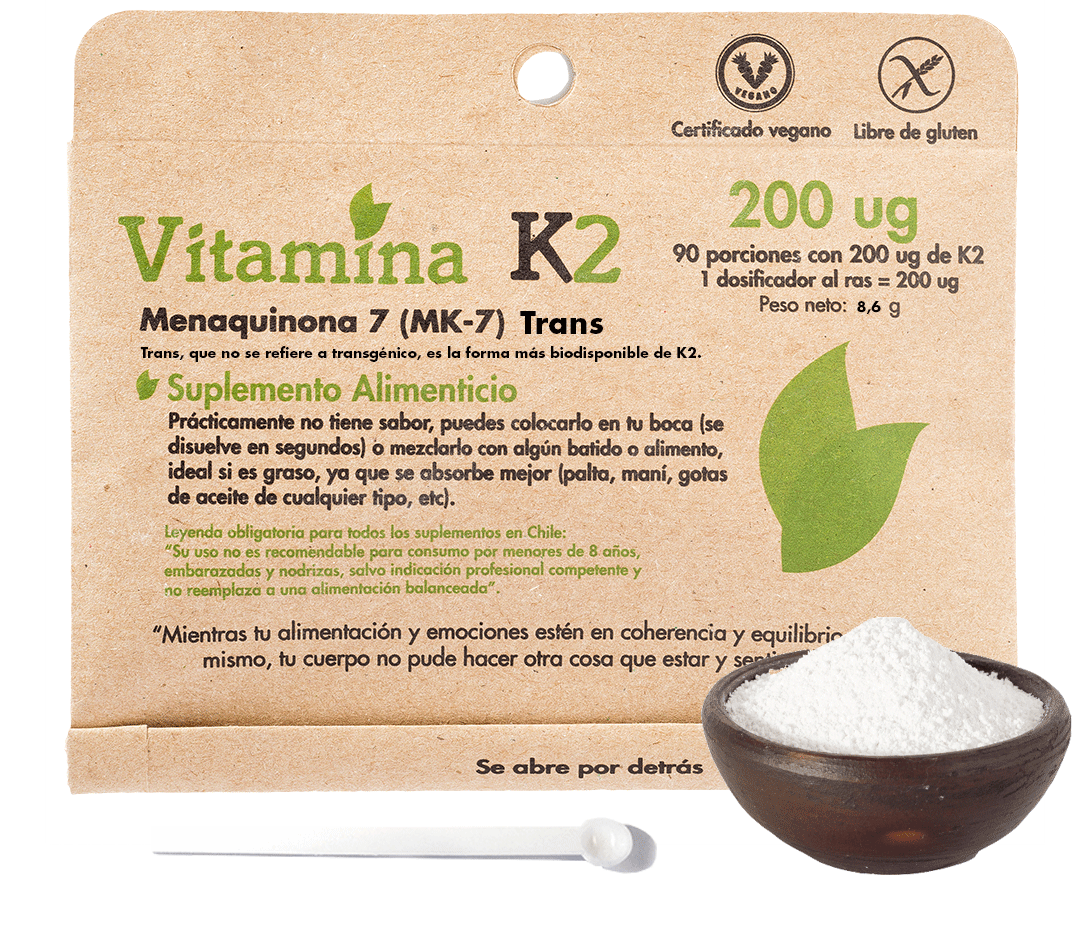K2, Menaquinona 7, la vitamina K más biodisponible
90 porciones de 200 ug de K2
1 dosificador al ras = 200 ug de K2
Medio dosificador al ras = 100 ug de K2