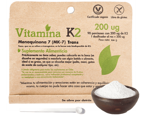 K2, Menaquinona 7, la vitamina K más biodisponible
90 porciones de 200 ug de K2
1 dosificador al ras = 200 ug de K2
Medio dosificador al ras = 100 ug de K2