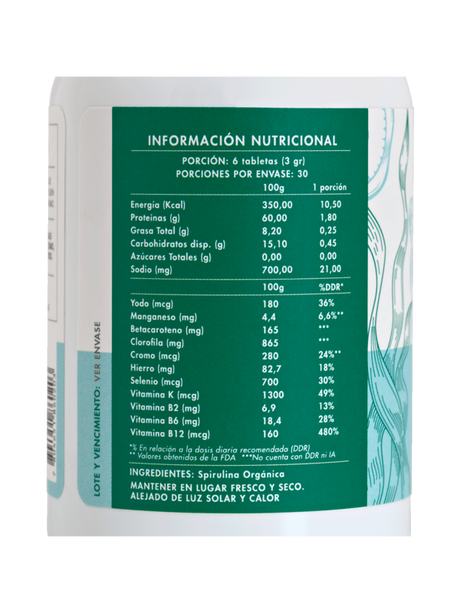 Spirulina orgánica 500 mg.